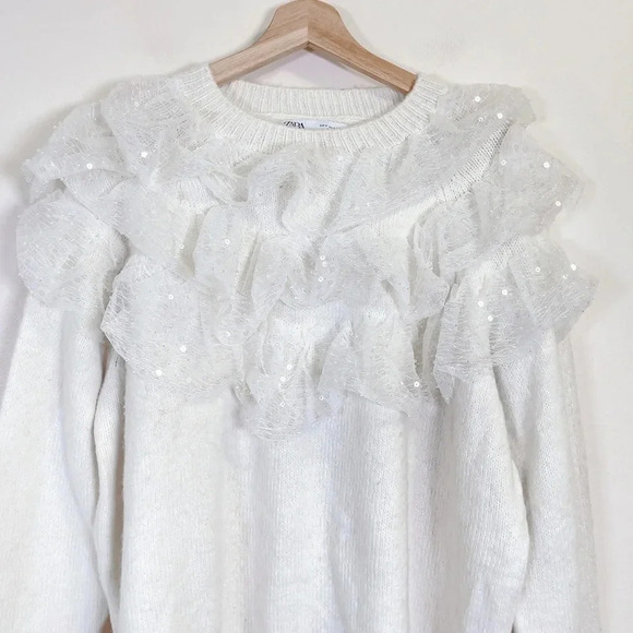Zara Sequin Ruffle Crew Neck Oversized Sweater - Picture 5 of 13